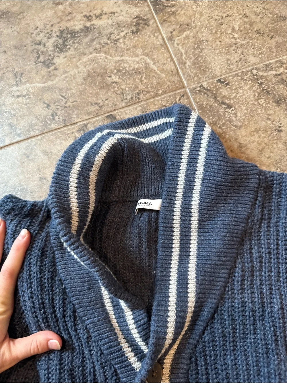 🧅Men's Navy Shawl Collar Button Sweater with Stripe Trim